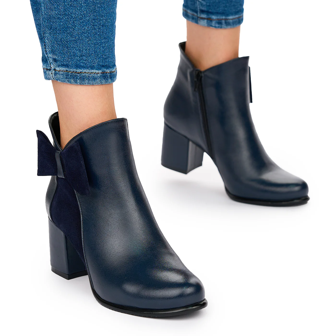 Botine Dama Din Piele Naturala bleumarin cu toc gros 6.5 cm 10599 - Image 2