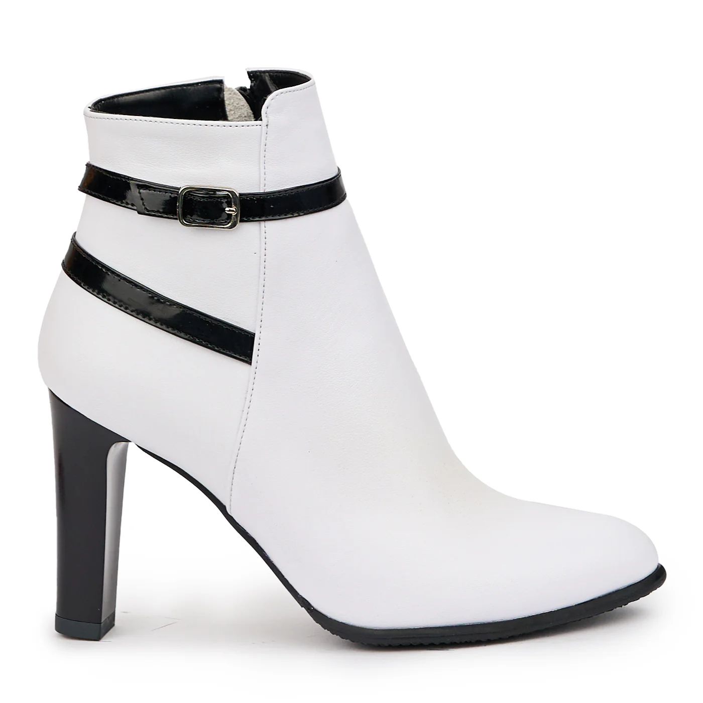Botine dama din piele naturala alba cu toc gros 9.5 cm 14542