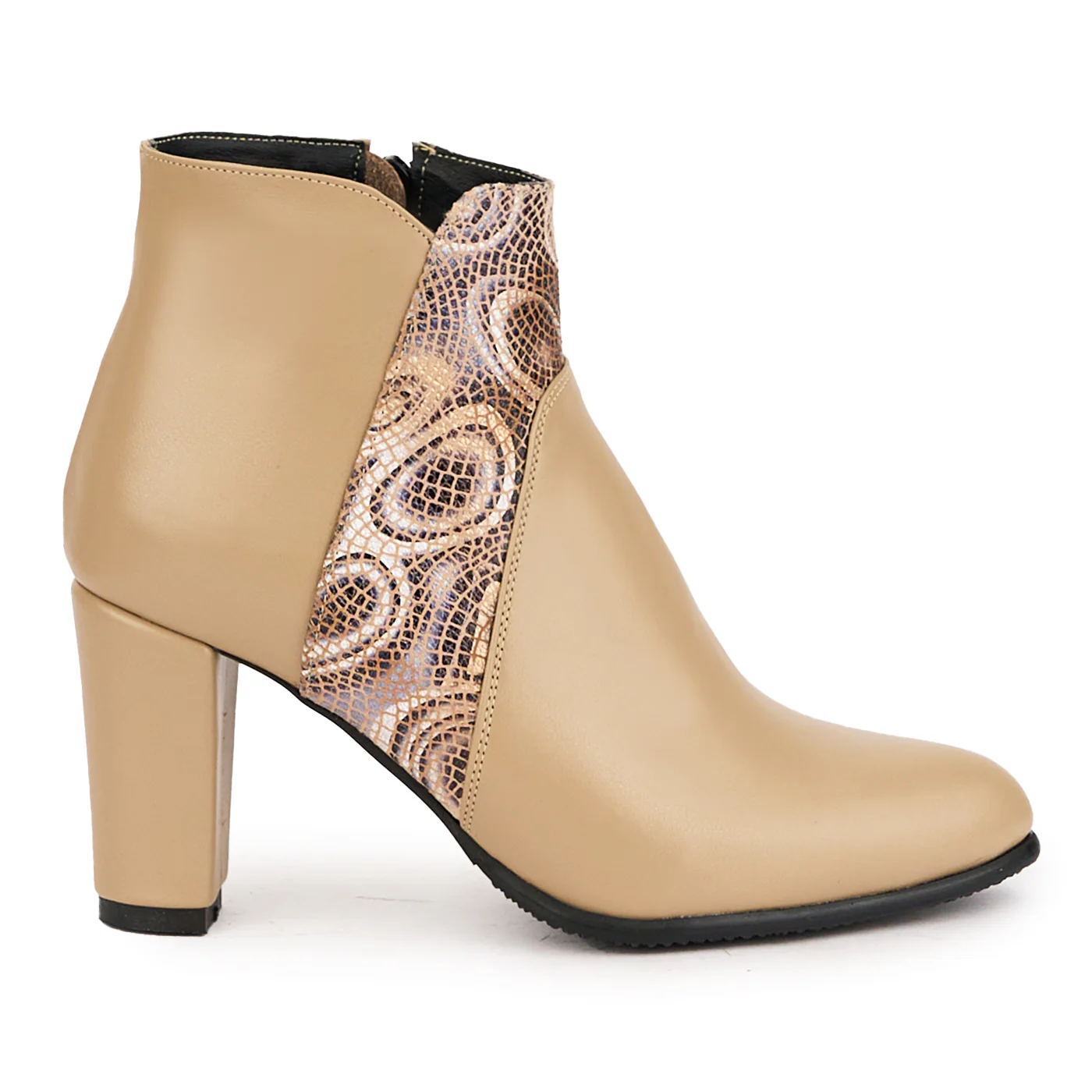 Botine dama din piele naturala bej cu toc gros 8 cm 16701