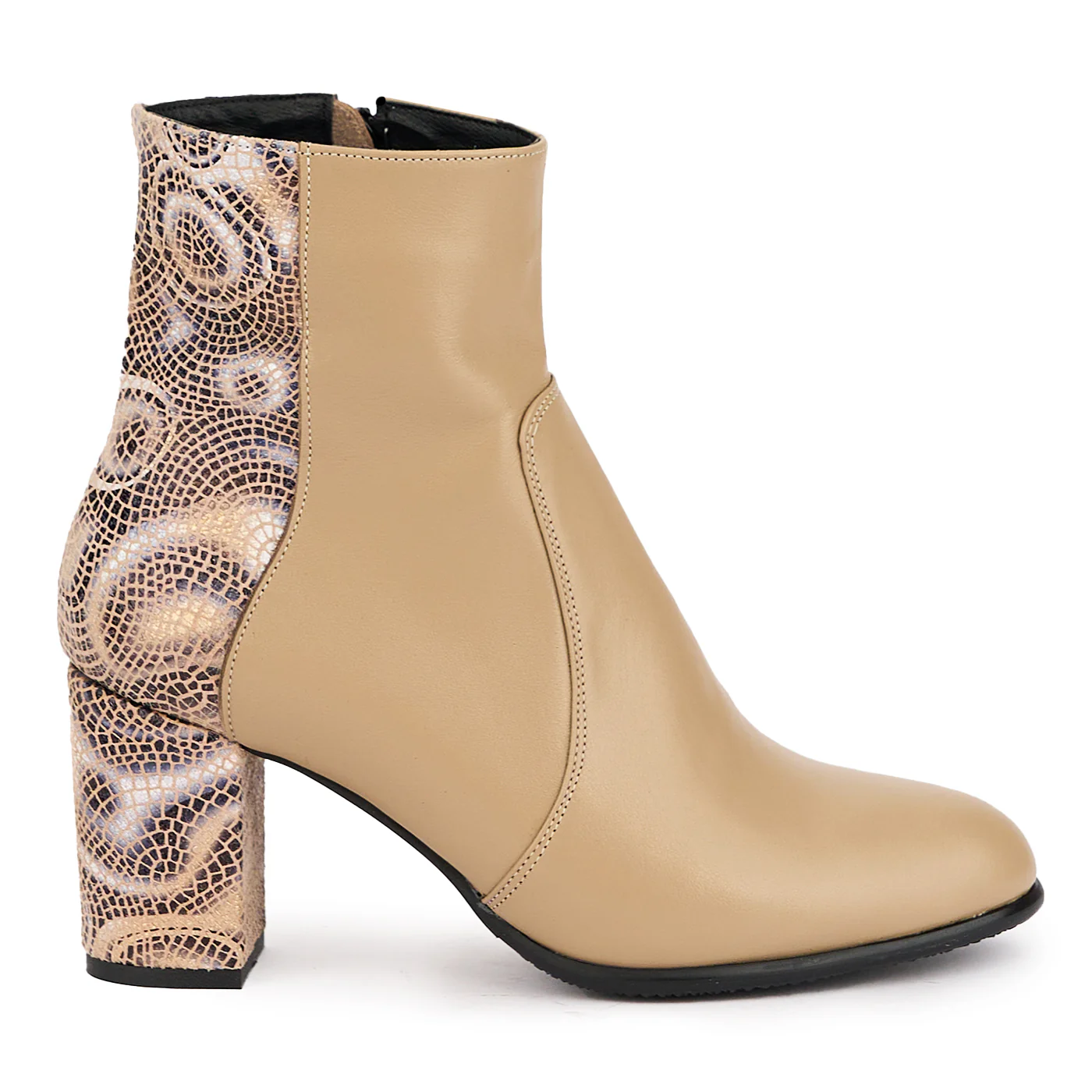 Botine dama din piele naturala bej + multicolor cu toc gros 7.5 cm 16946