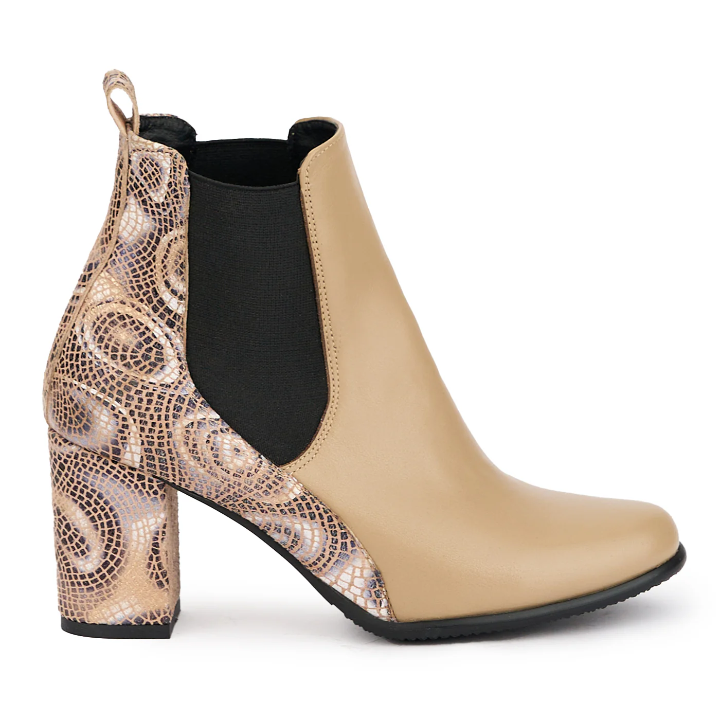 Botine dama din piele naturala bej + multicolor cu toc gros 7 cm 17037