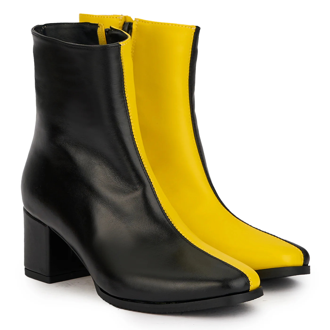 Botine dama din piele naturala bicolor galben-negru cu toc gros 6 cm 17182 - Image 4