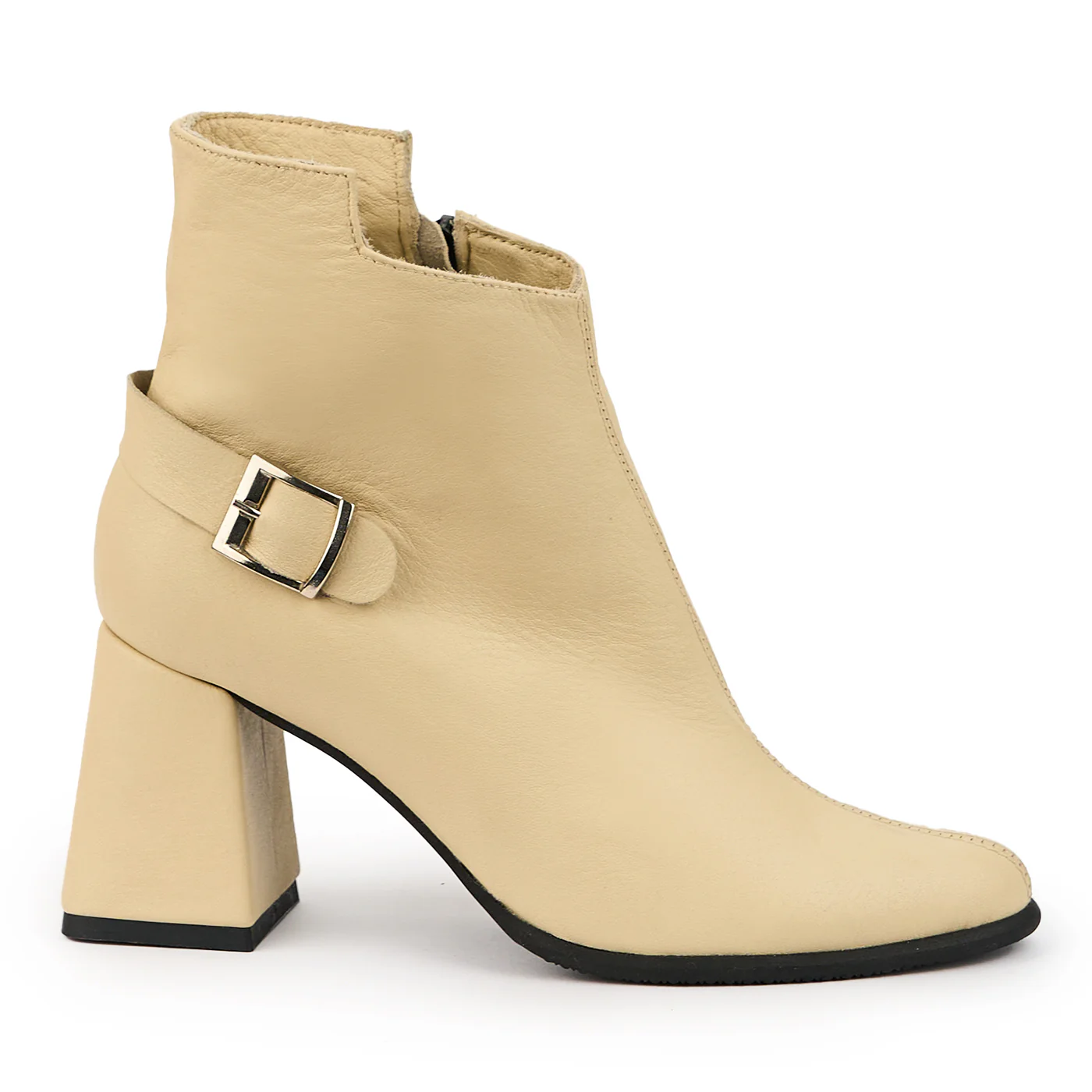 Botine dama din piele naturala crem cu toc gros 7.5 cm 14707