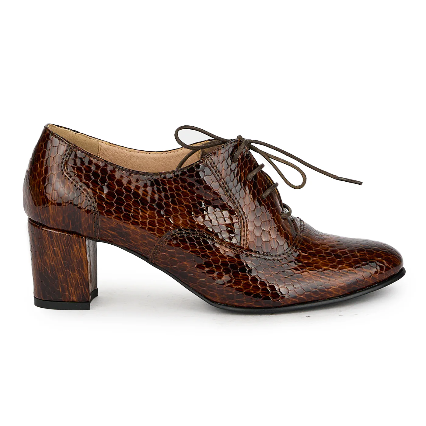 Pantofi dama din piele naturala maro cu toc gros 17581