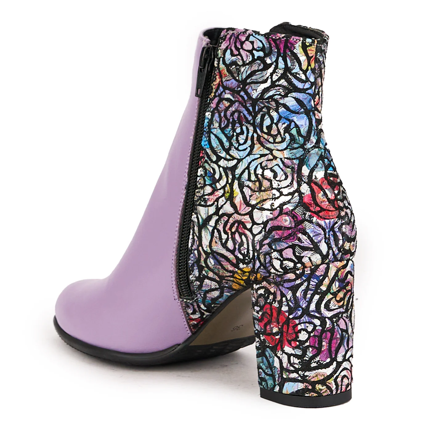 Botine dama din piele naturala mov + multicolor cu toc gros 8 cm 16707 - Image 2