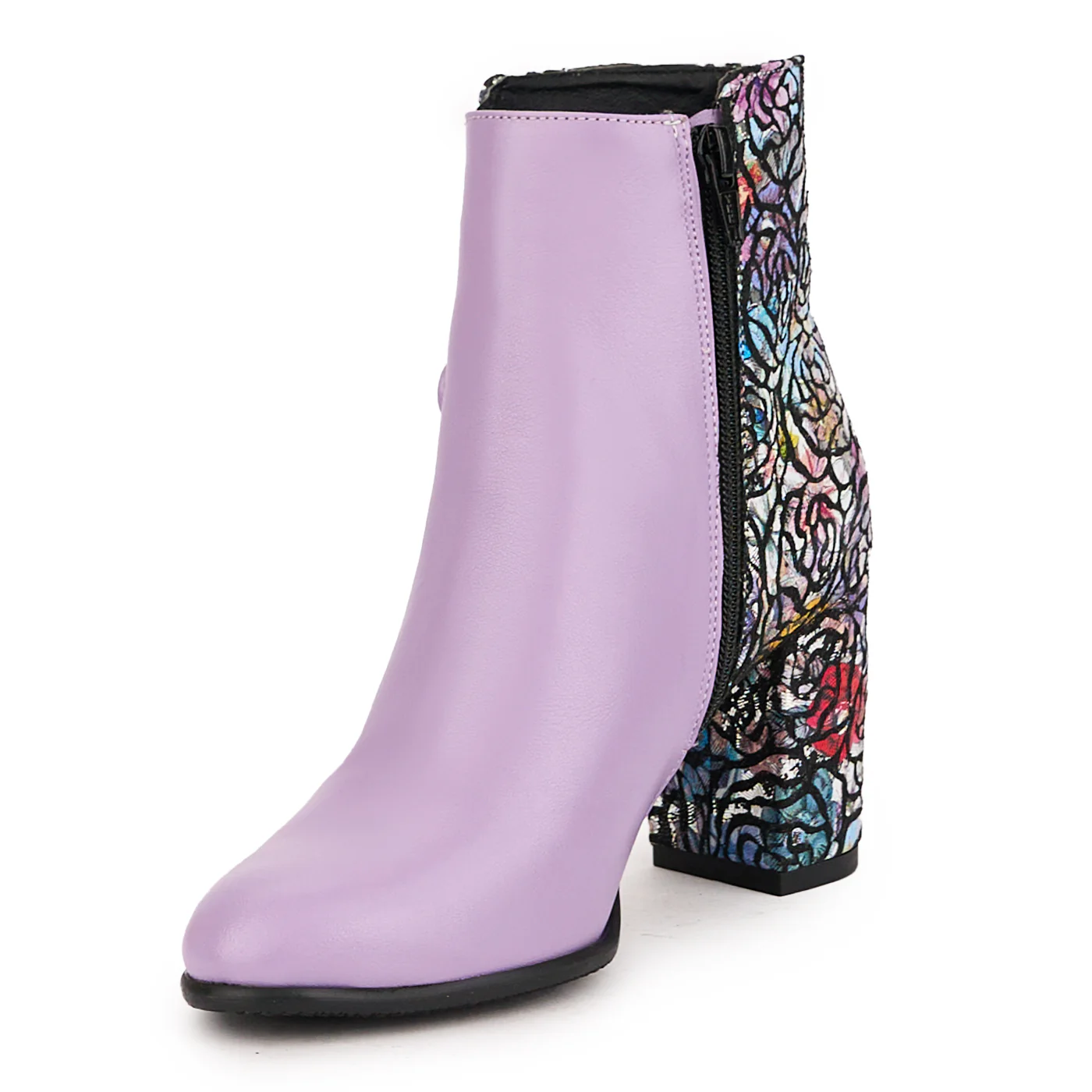 Botine dama din piele naturala mov + multicolor cu toc gros 8 cm 16707 - Image 3