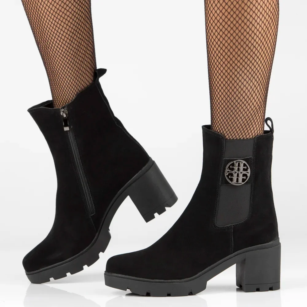 Botine dama din piele naturala neagra cu toc gros 8 cm 14732 - Image 5