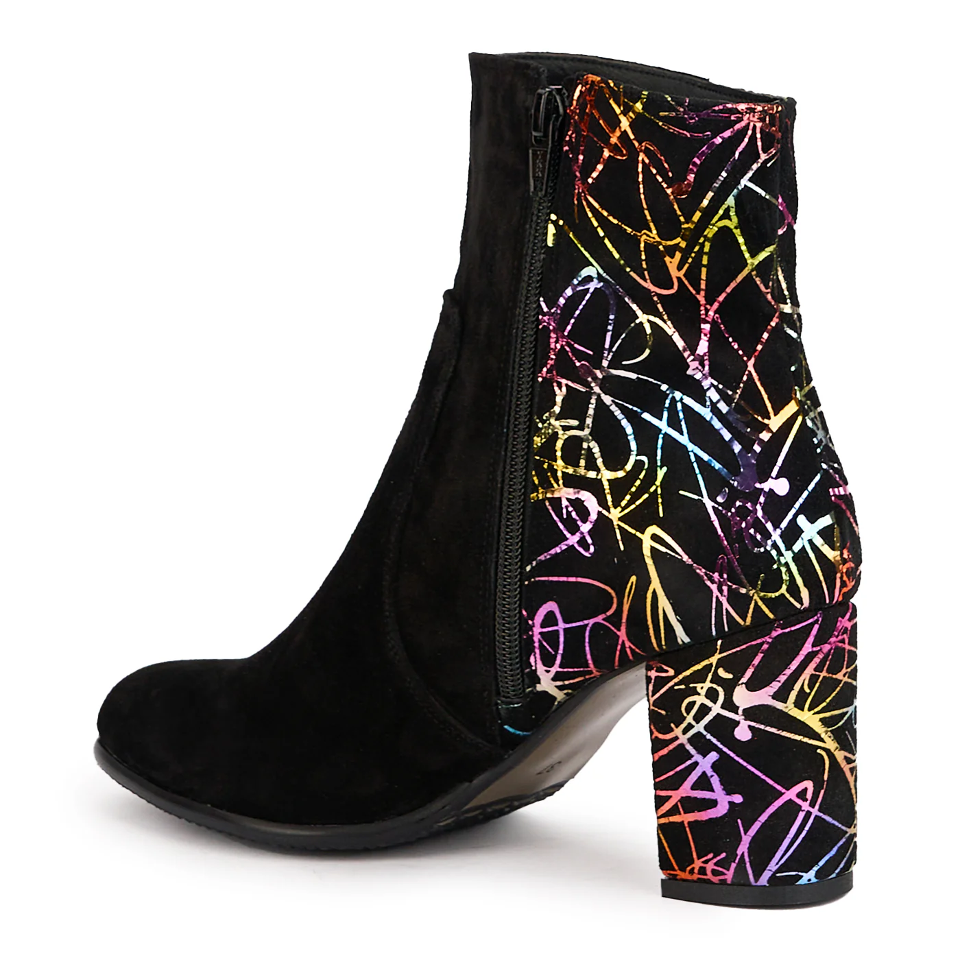 Botine dama din piele naturala neagra + multicolor cu toc gros 7.5 cm 16947 - Image 2