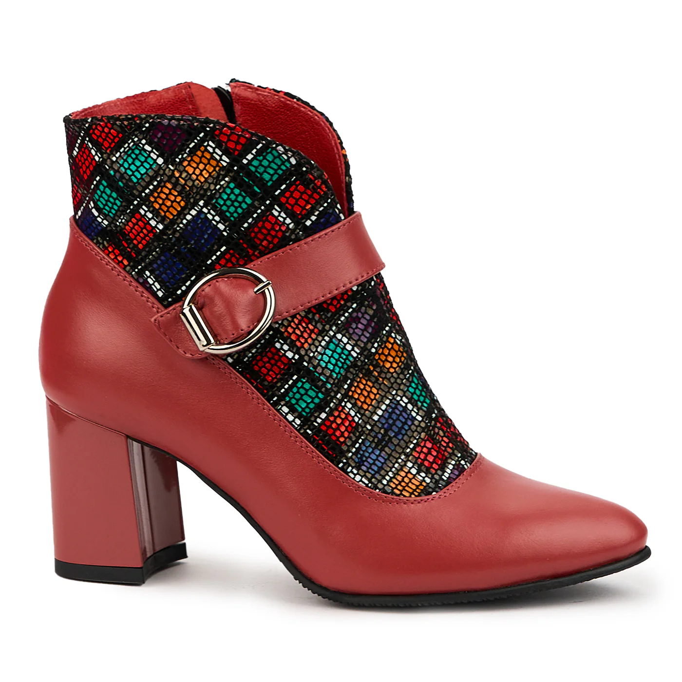 Botine dama din piele naturala rosie cu toc gros 7 cm 14629