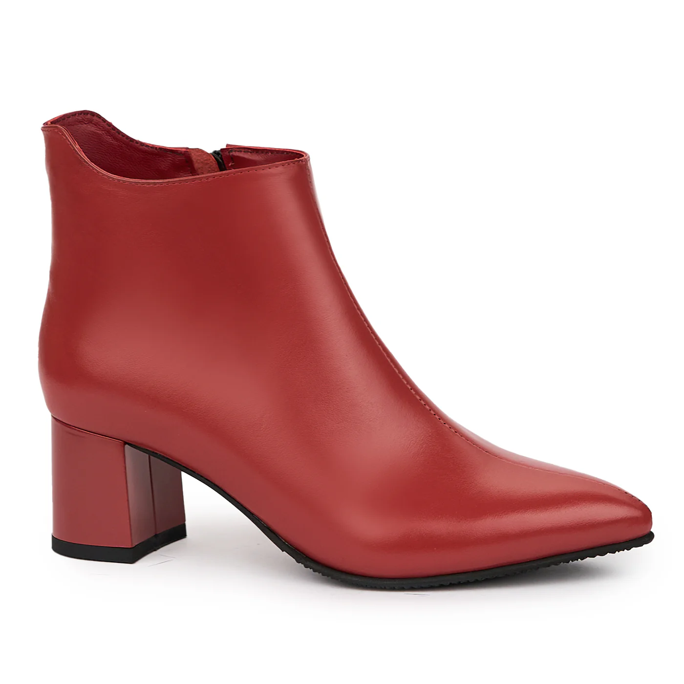 Botine dama din piele naturala rosu-caramiziu cu toc gros 6 cm 14316