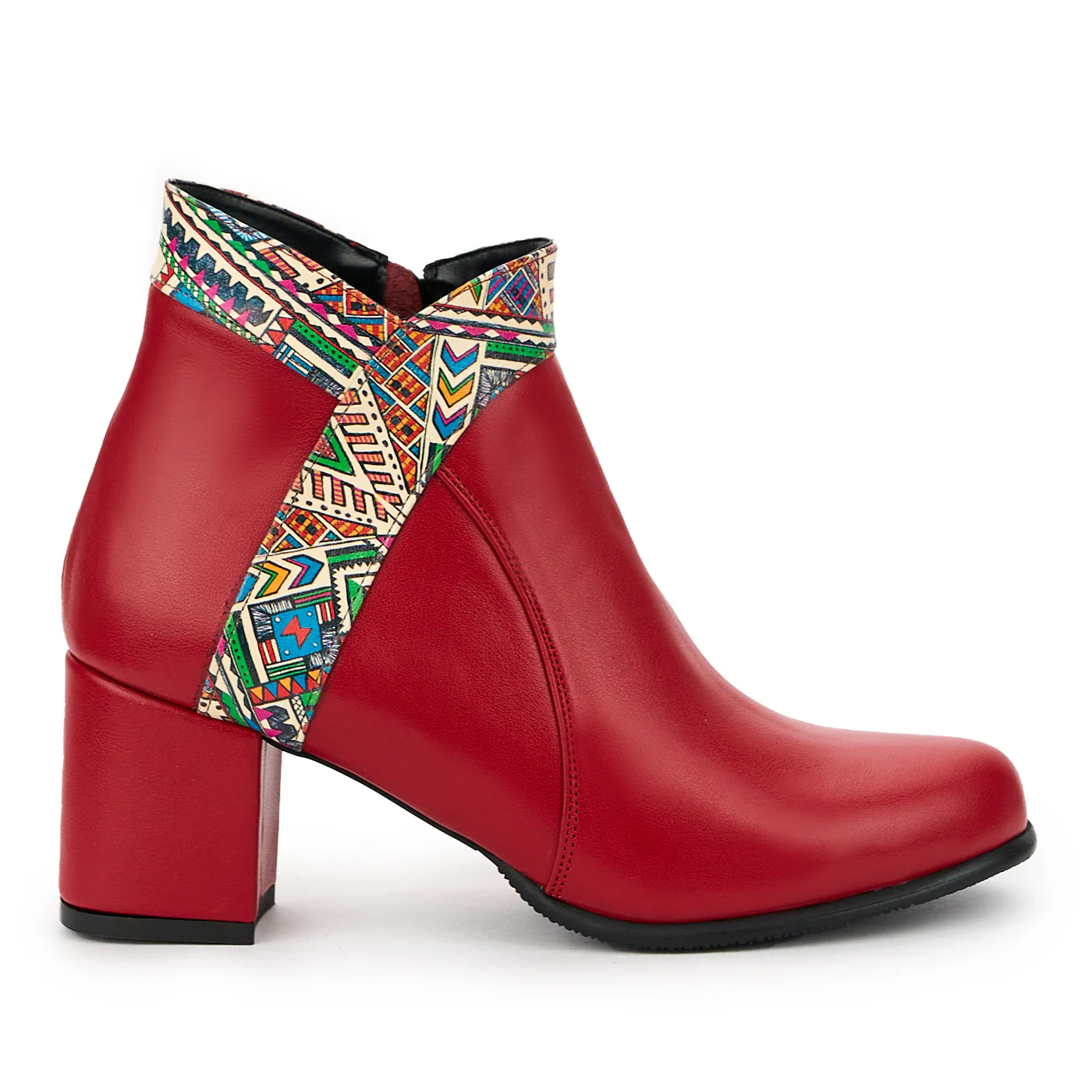 Botine dama din piele naturala rosu cu toc gros 7 cm 14853