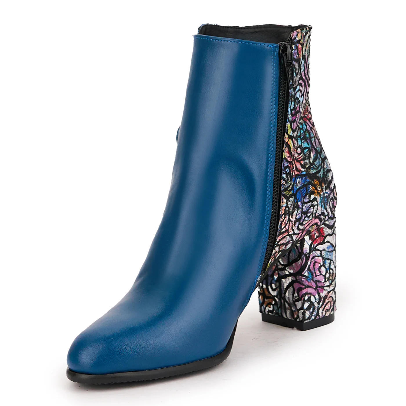 Botine dama din piele naturala turcoaz + multicolor cu toc gros 8 cm 16709 - Image 3