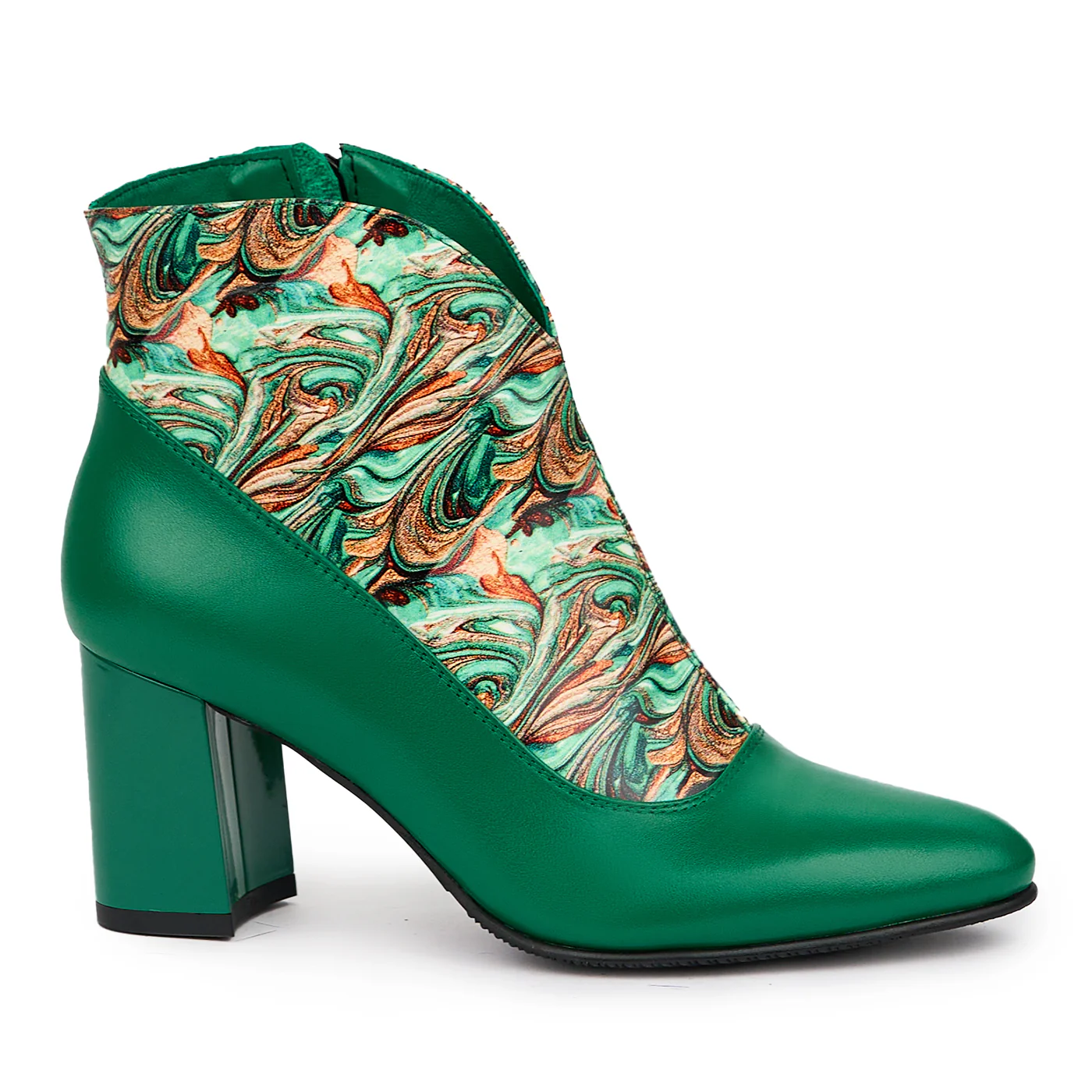 Botine dama din piele naturala verde cu toc gros 7.5 cm 14318