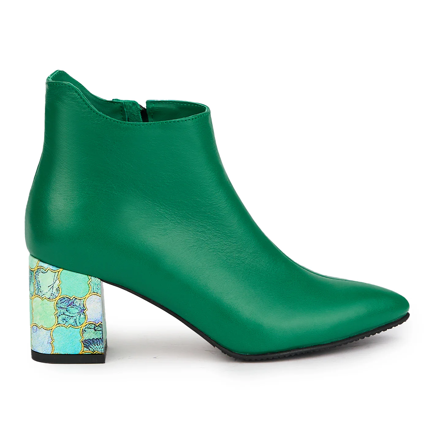 Botine dama din piele naturala verde cu toc gros 7 cm 17200