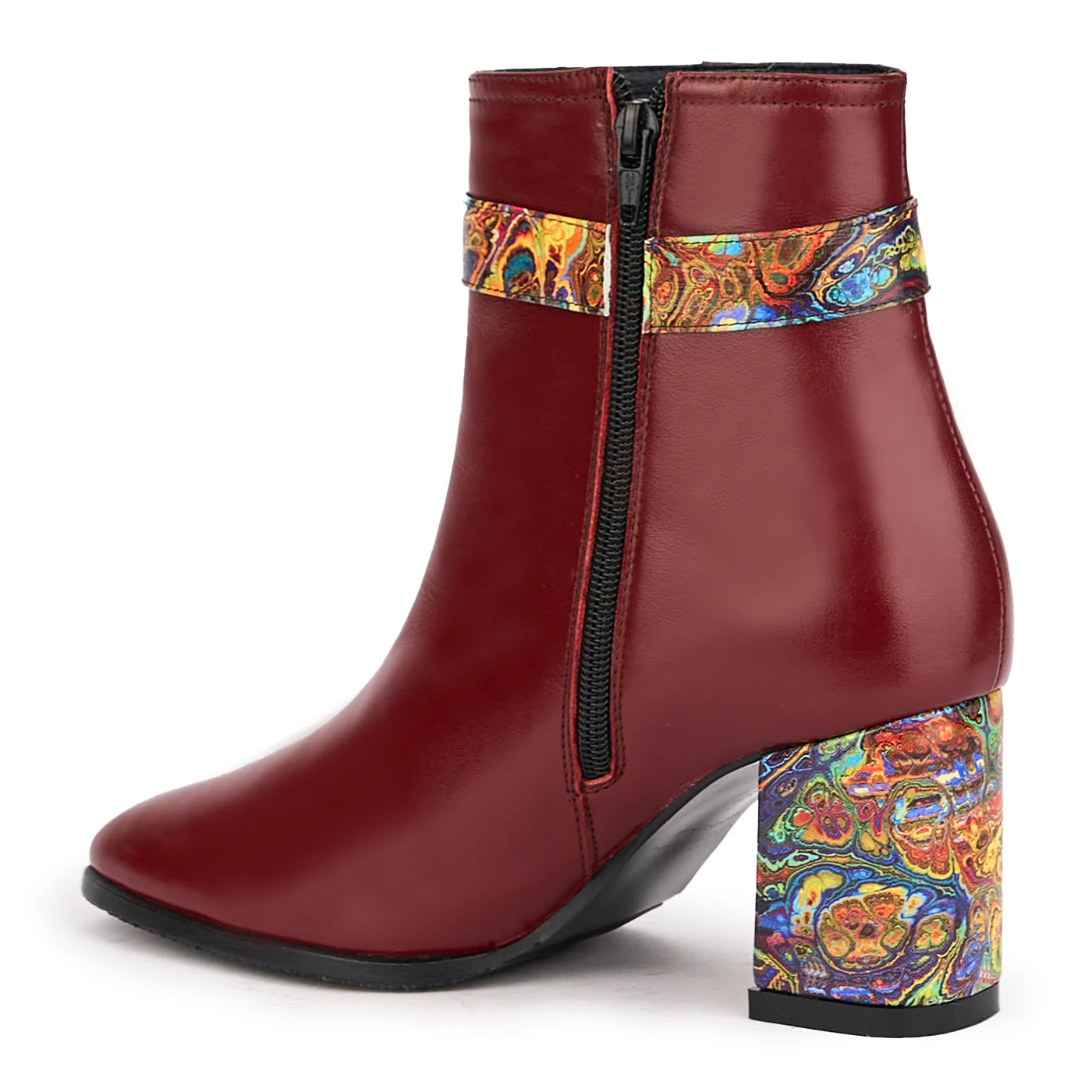 Botine dama din piele naturala visinie cu toc gros 7.5 cm 17100 - Image 2