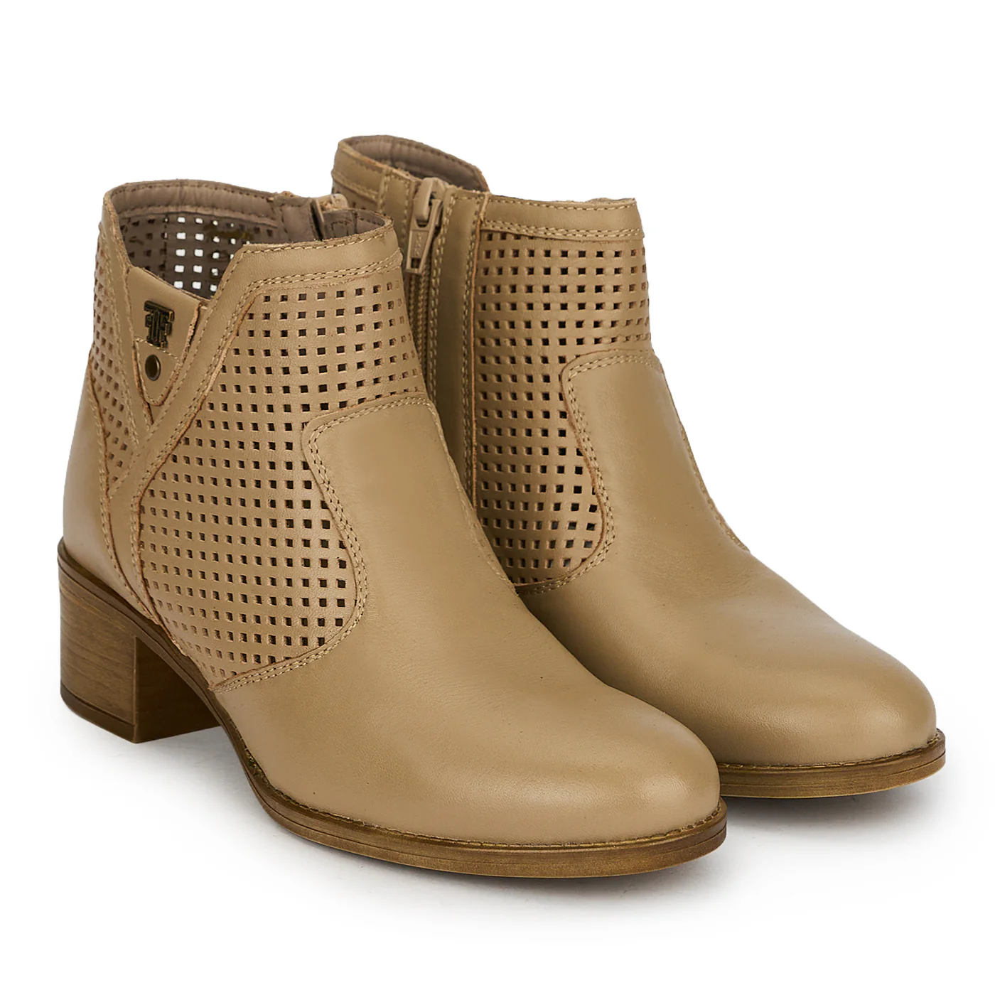 Botine perforate din piele naturala bej taupe cu toc gros 4 cm 19822 - Image 4