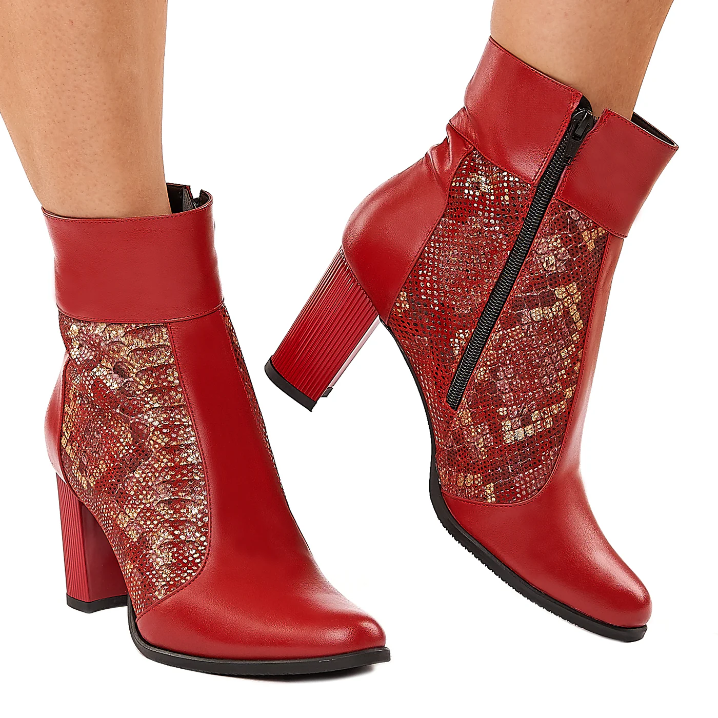 Botine Rosii Elegante Dama Toc 8 Cm din Piele Naturala 6028
