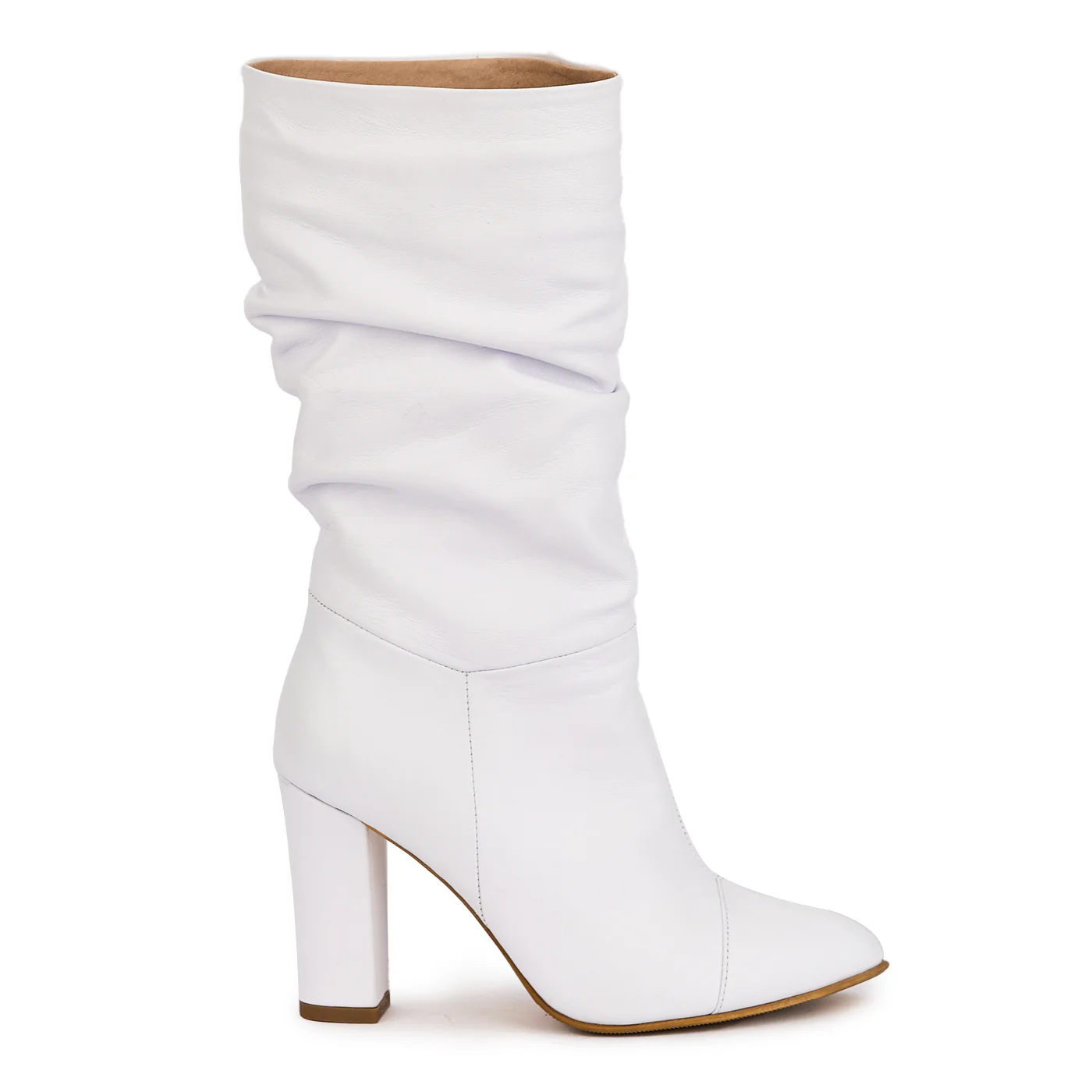 Cizme dama din piele naturala alba cu toc gros 9 cm 17045