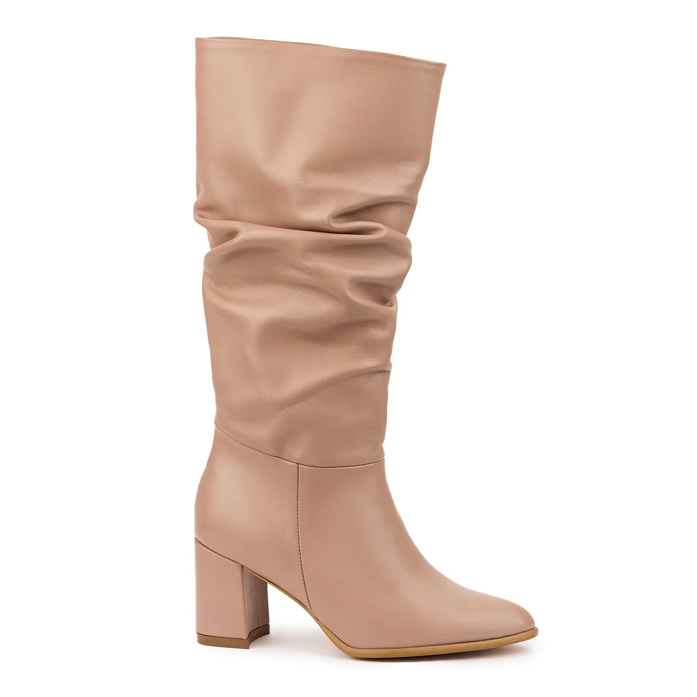 Cizme dama din piele naturala bej - nude cu toc gros 7.5 cm 14697