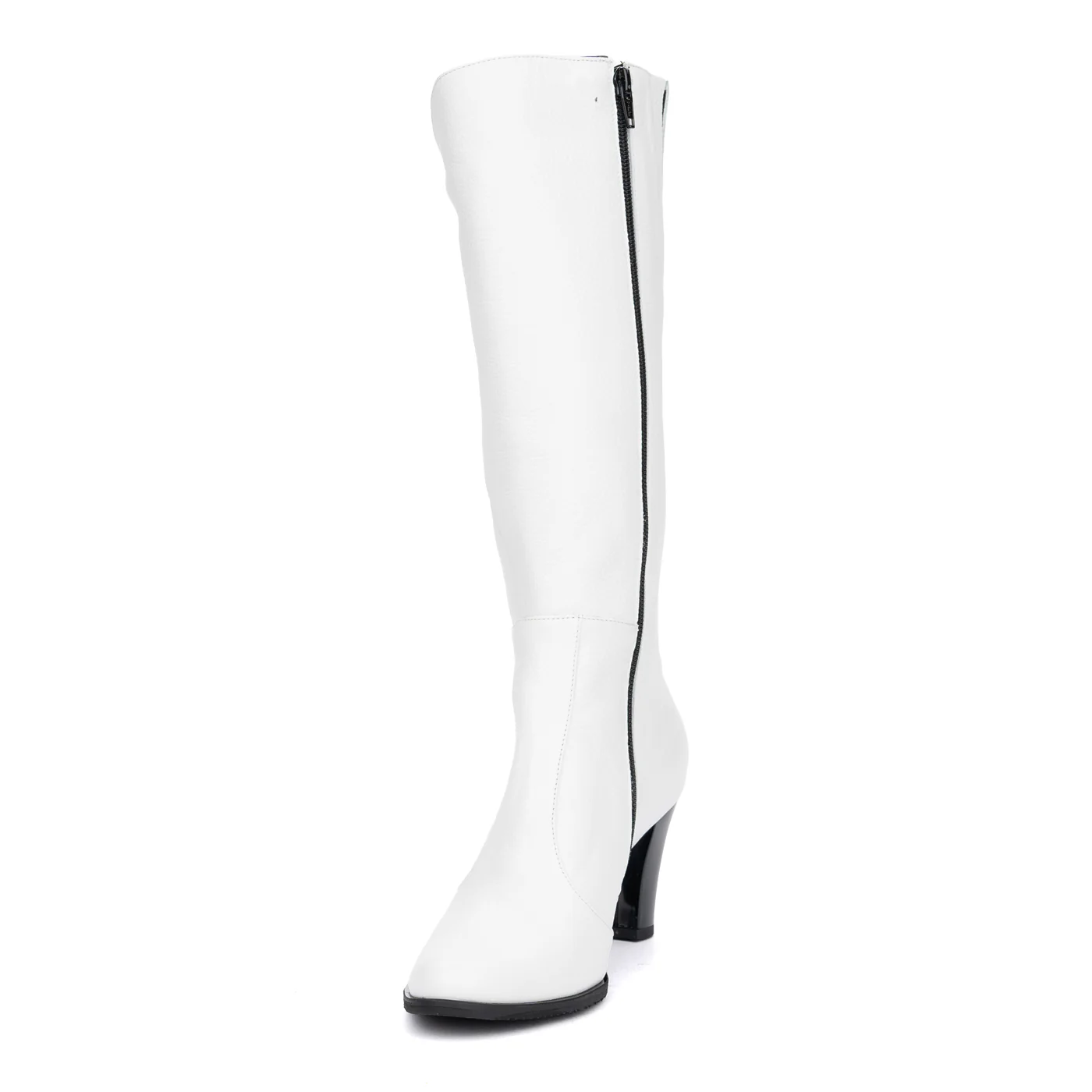 Cizme Lungi Albe cu Toc 8 Cm din Piele Naturala 8736 - Image 4