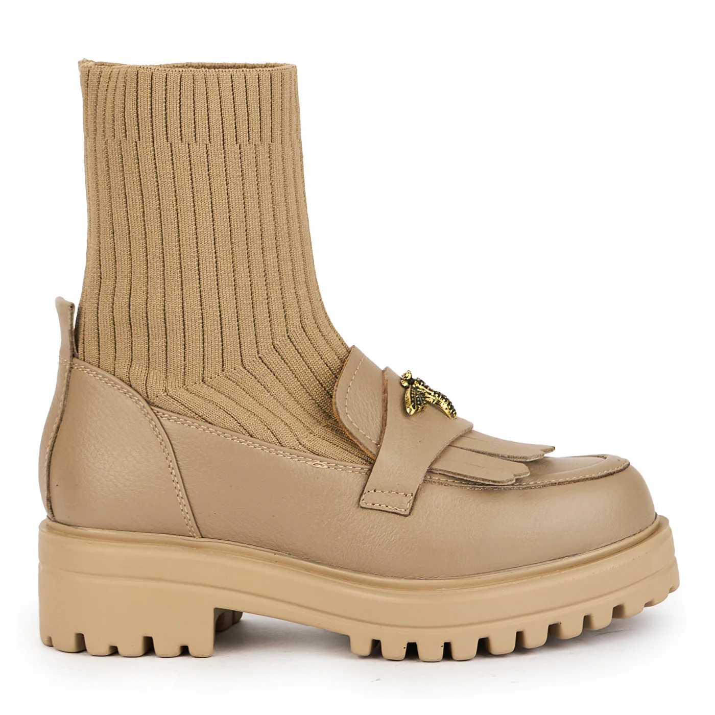 Ghete dama tip soseta din piele naturala bej cu accesoriu 17242