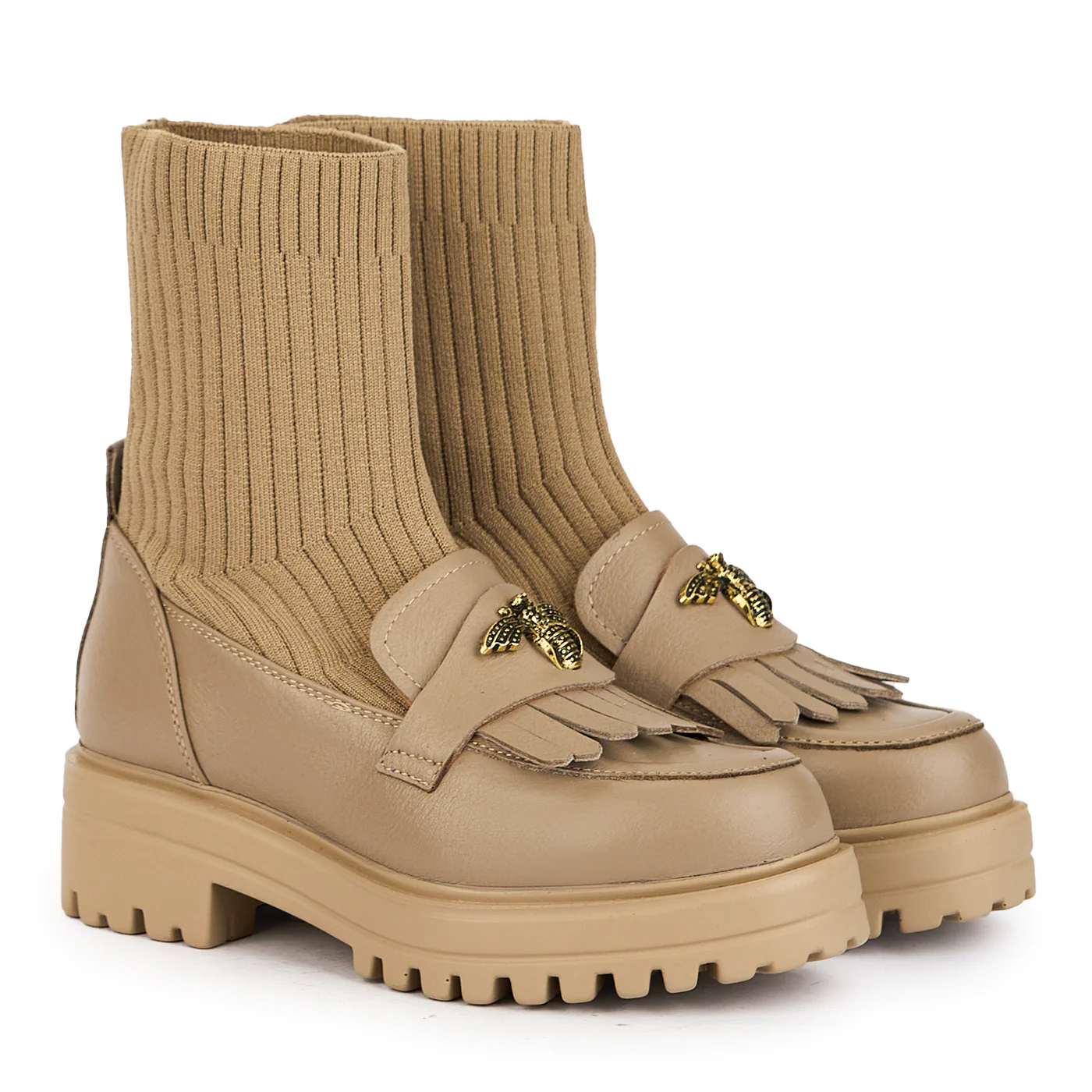 Ghete dama tip soseta din piele naturala bej cu accesoriu 17242 - Image 4
