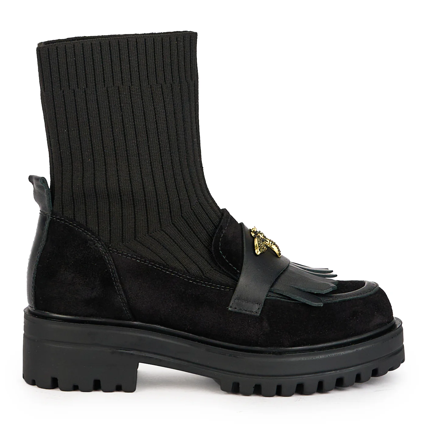 Ghete dama tip soseta din piele naturala neagra cu accesoriu 17241