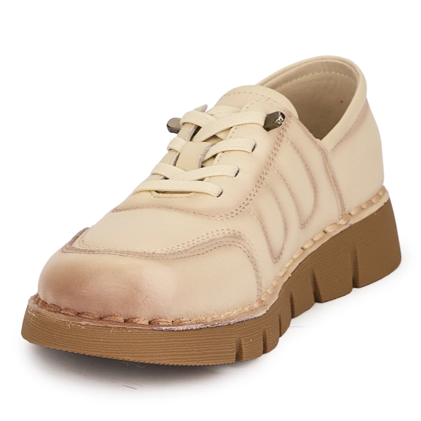 Pantofi casual dama din piele naturala crem cu siret elastic 18722 - Image 3