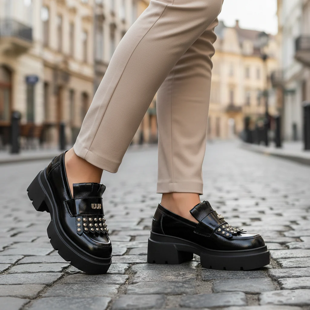 Pantofi casual damă din piele naturală neagra cu talpa inalta 5.5 cm 19647 - Image 5