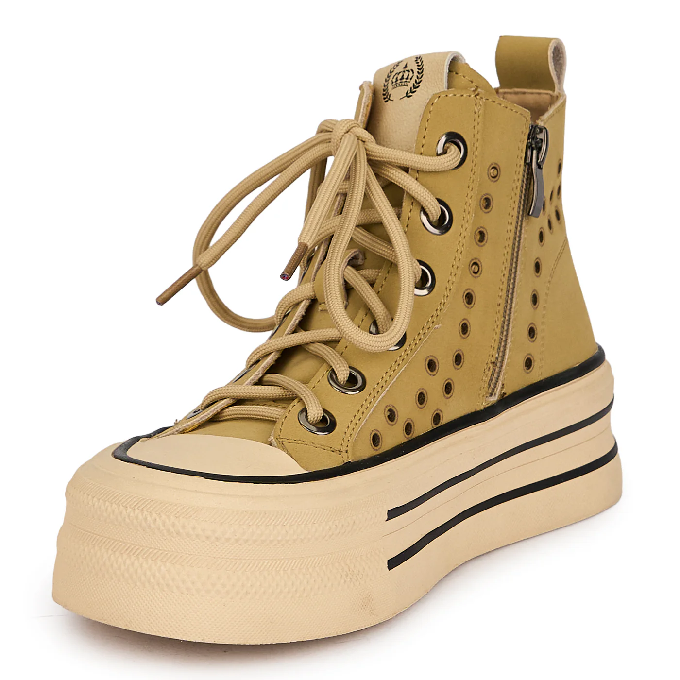 Pantofi casual dama din piele naturala perforata bej cu talpa inalta 4.5 cm 19662 - Image 3
