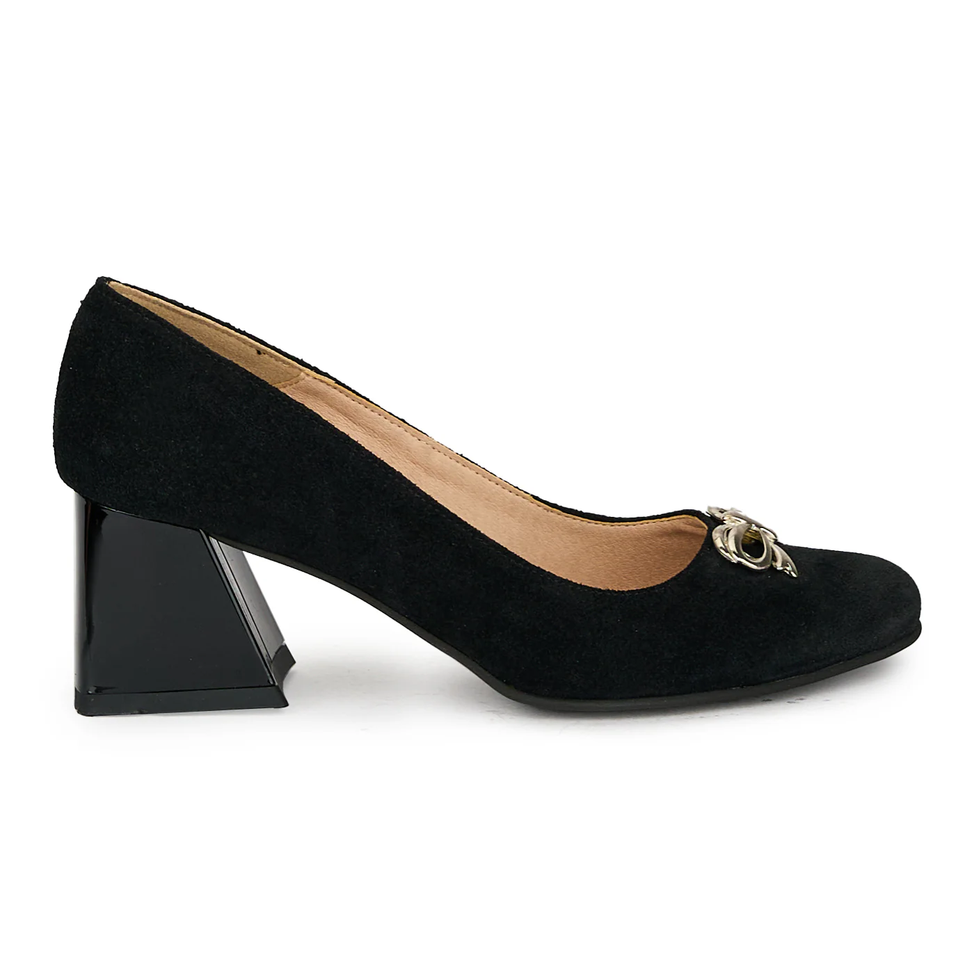 Pantofi cu toc gros dama din piele naturala neagra cu accesoriu 17592