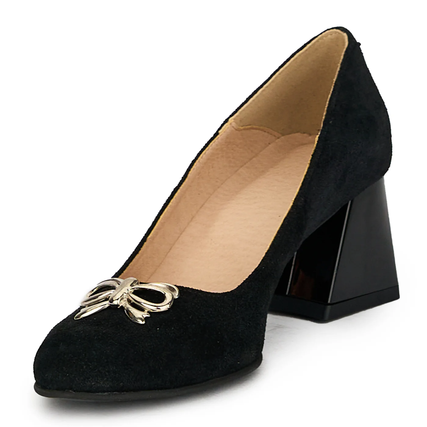 Pantofi cu toc gros dama din piele naturala neagra cu accesoriu 17592 - Image 3