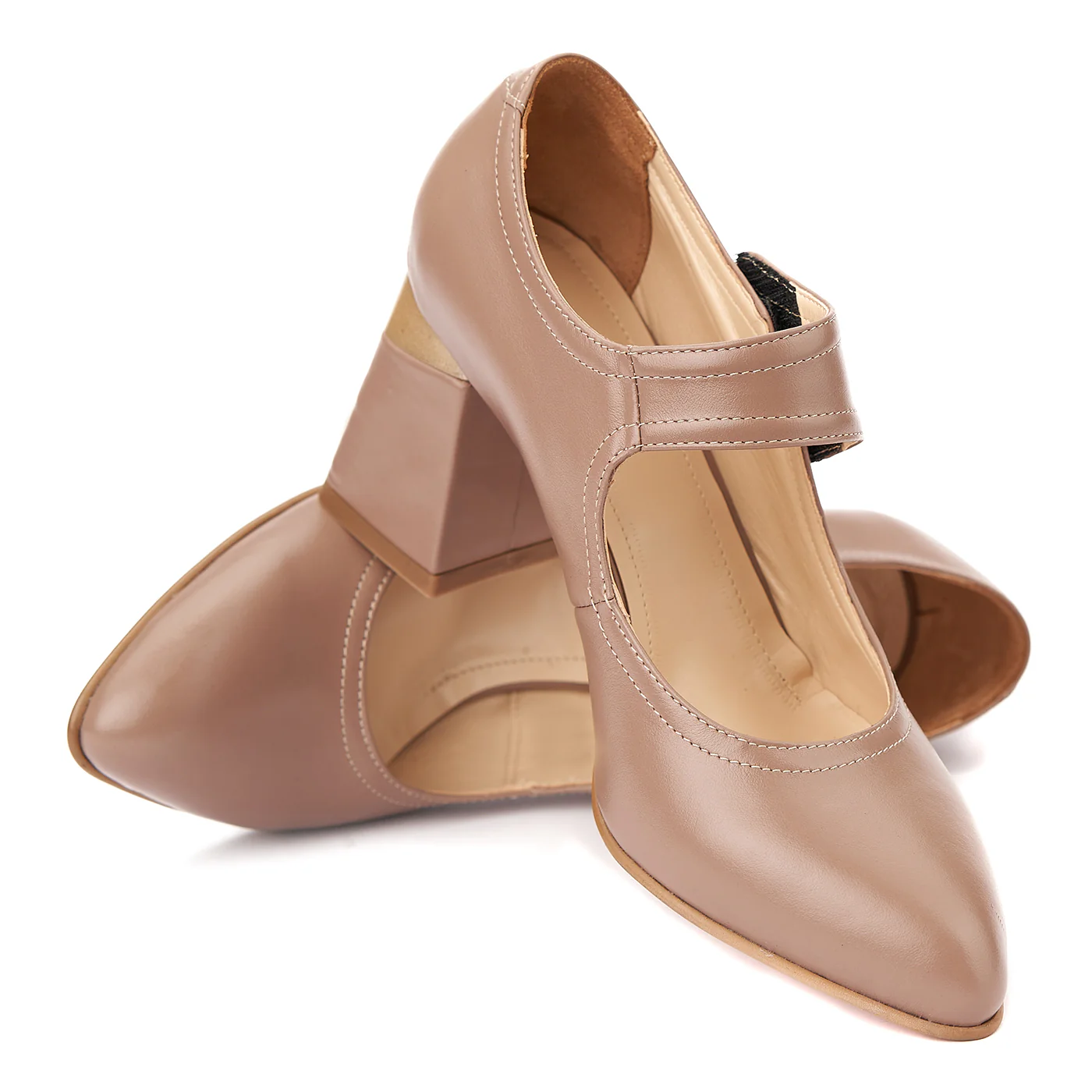 Pantofi cu Toc Gros si Bareta pe Glezna din Piele Naturala Bej 4383 - Image 4