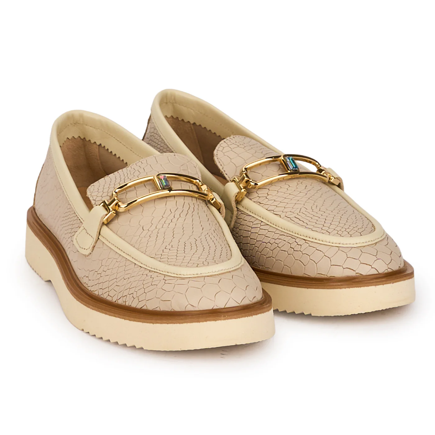 Pantofi dama casual din piele naturala bej cu accesoriu metalic 18482 - Image 4