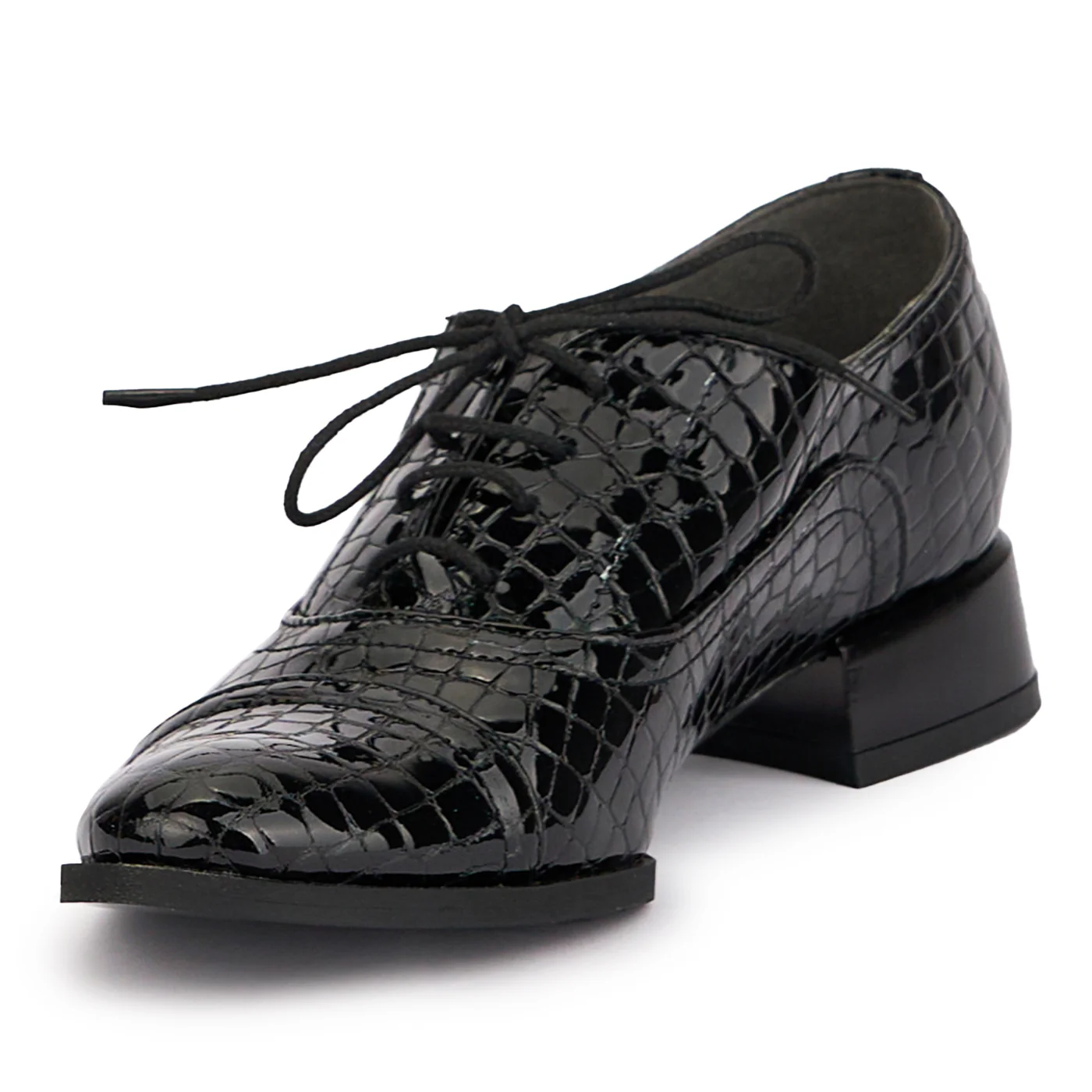 Pantofi dama cu siret din piele naturala neagra cu toc mic 3 cm 16822 - Image 3