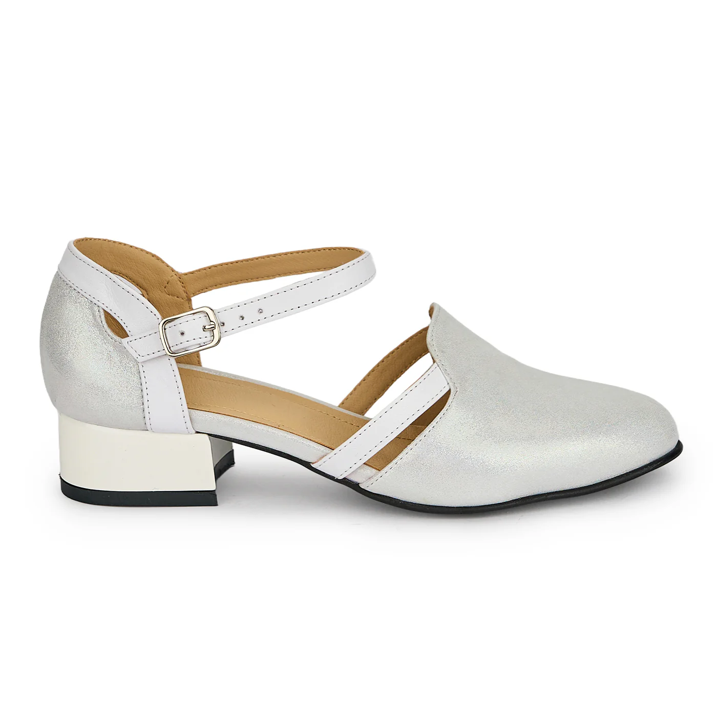 Pantofi dama din piele naturala alba sidefata cu toc mic 3 cm 19405