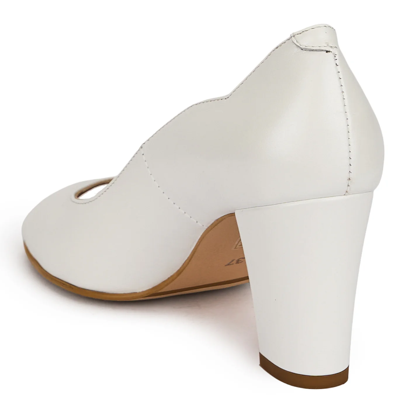 Pantofi dama decupati din piele naturala alba cu toc gros 7.5 cm 19671 - Image 2