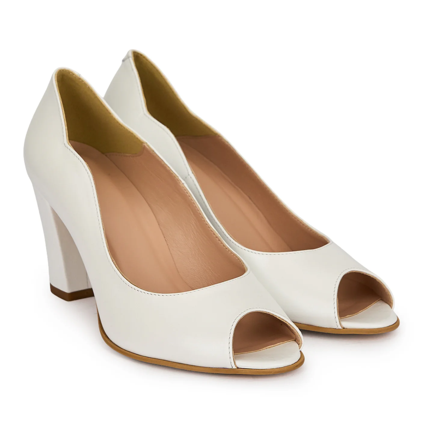 Pantofi dama decupati din piele naturala alba cu toc gros 7.5 cm 19671 - Image 4