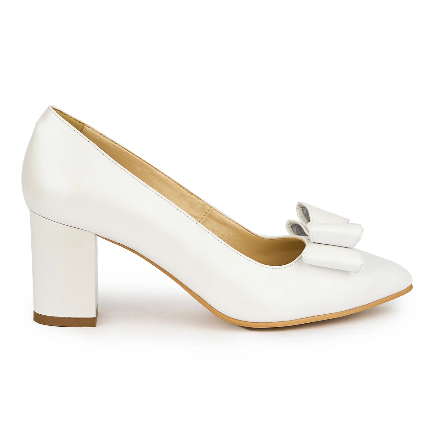 Pantofi dama din piele naturala alb sidef cu toc gros 7 cm 15038