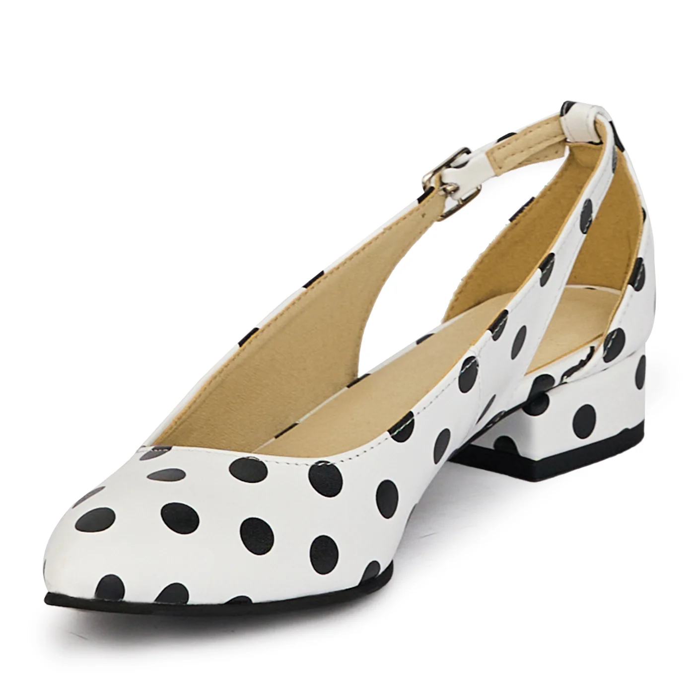 Pantofi dama din piele naturala alba cu buline negre cu toc mic 3 cm 18281 - Image 3