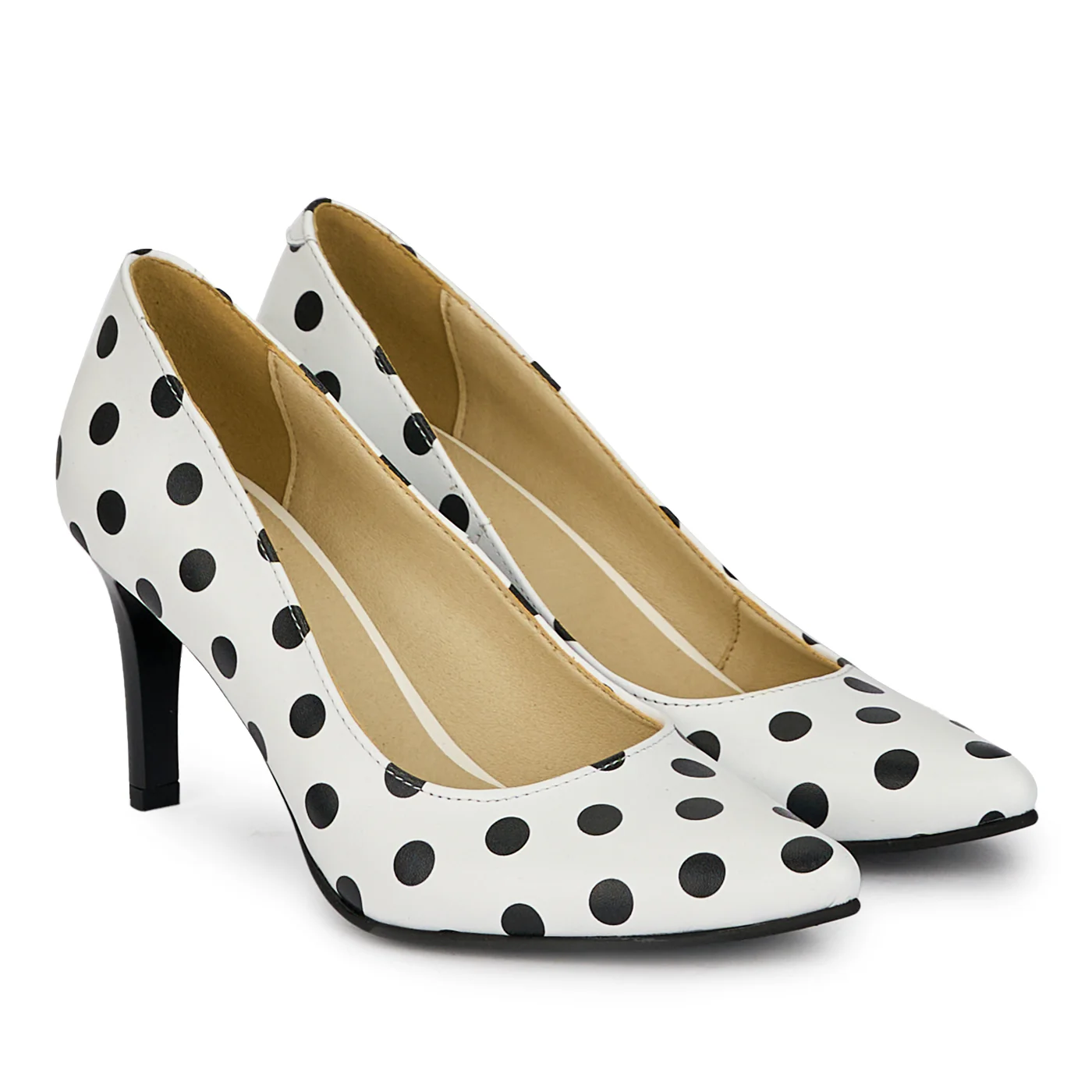 Pantofi dama din piele naturala alba cu buline negre cu toc subtire 7.5 cm 18163 - Image 4