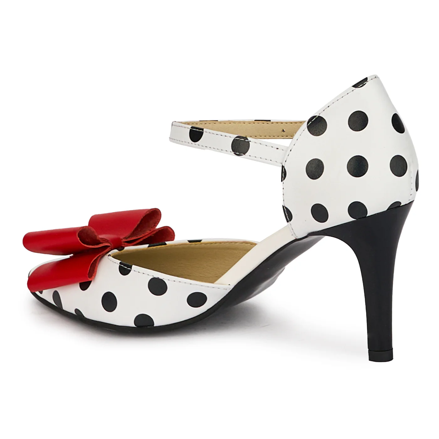 Pantofi dama din piele naturala alba cu buline negre cu toc subtire 8 cm 18280 - Image 2