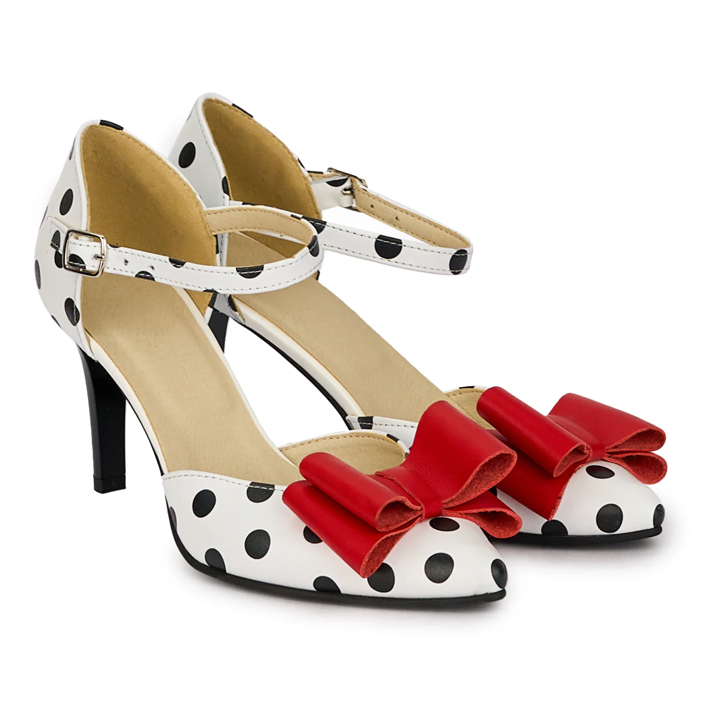 Pantofi dama din piele naturala alba cu buline negre cu toc subtire 8 cm 18280 - Image 4