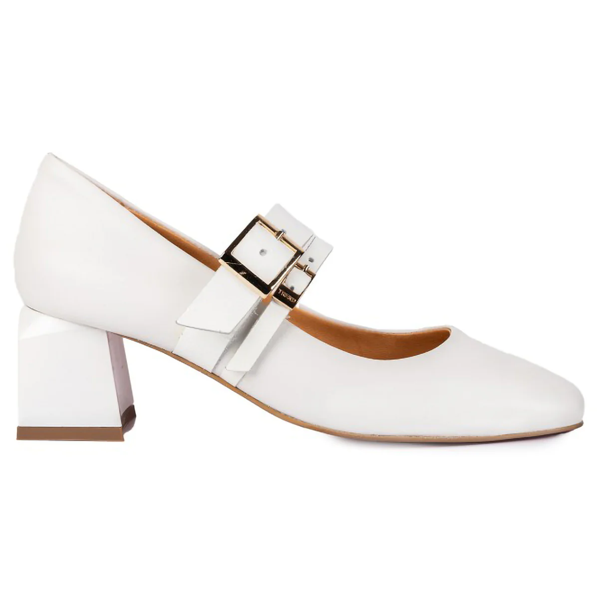 Pantofi dama din piele naturala alba cu toc gros 5.5 cm 15740