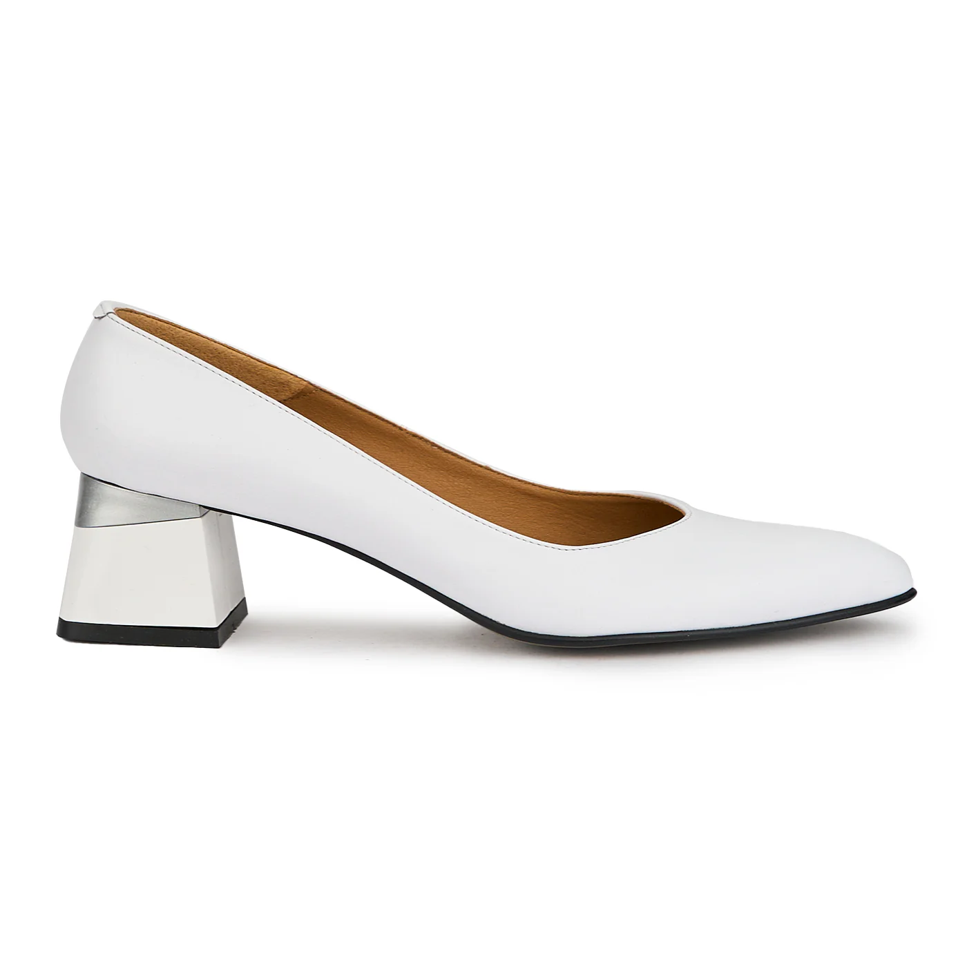 Pantofi dama din piele naturala alba cu toc gros 6 cm 14975