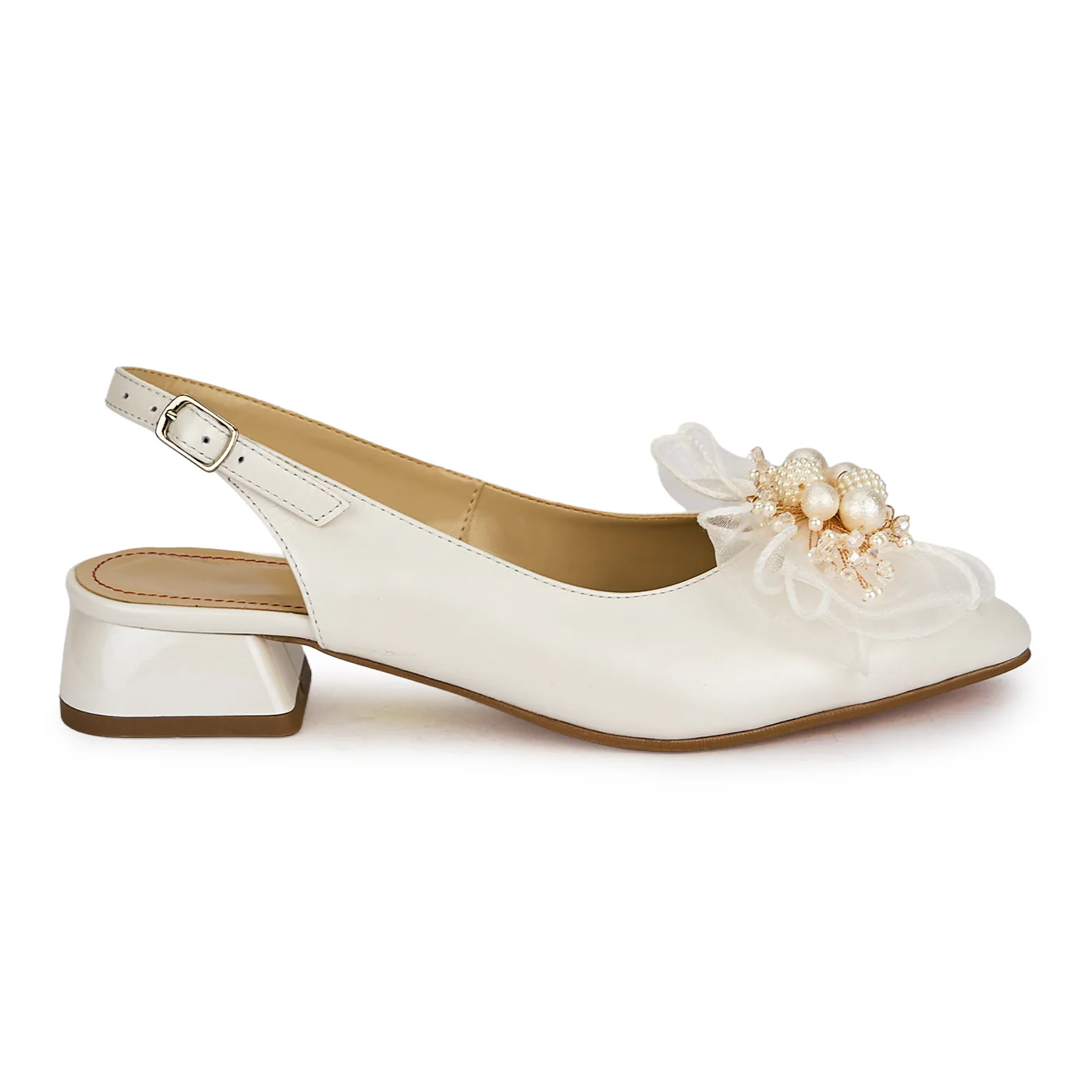 Pantofi dama din piele naturala alba sidef cu toc mic 3 cm 19916