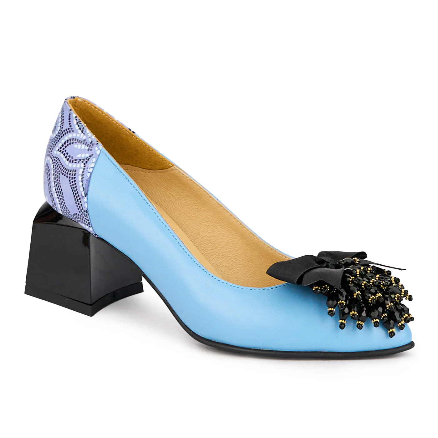 Pantofi dama din piele naturala albastra cu accesoriu si toc gros 6 cm 16357 - Image 3