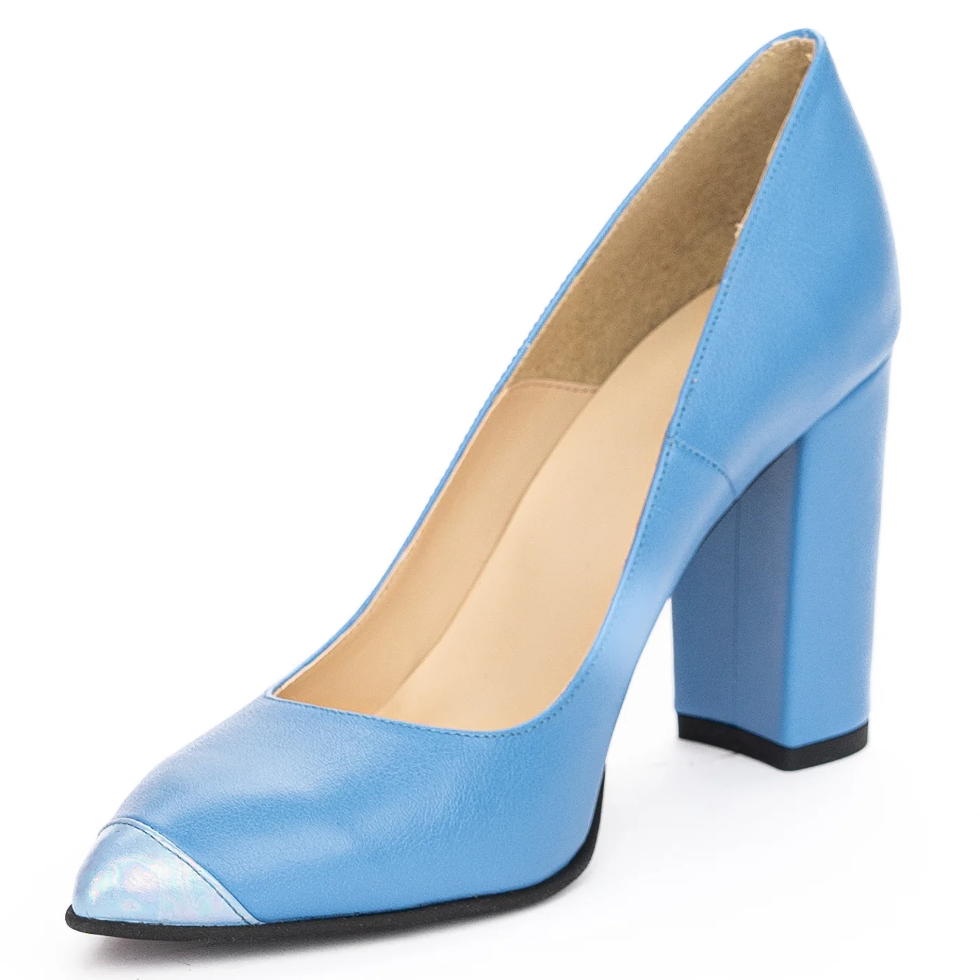 Pantofi dama din piele naturala albastra cu toc gros 9.5 cm 13922 - Image 3