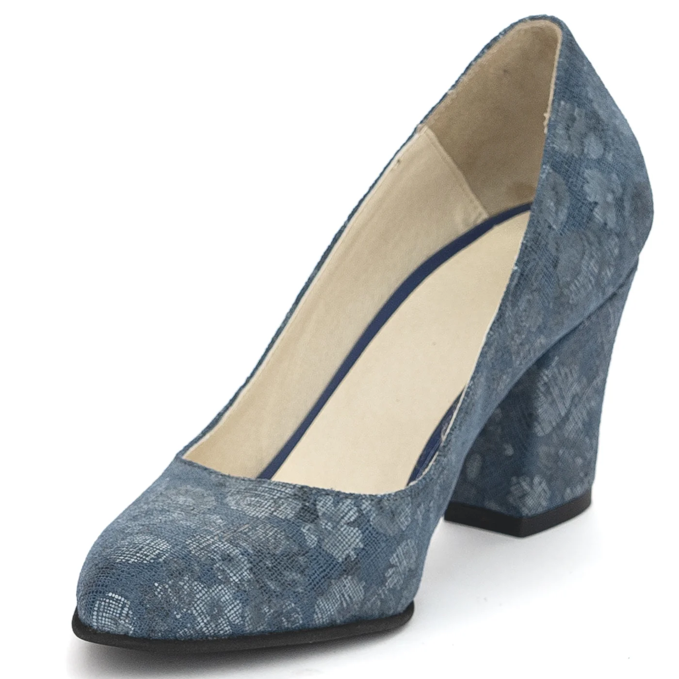 Pantofi dama din piele naturala albastru floral cu toc gros 8 cm 13898 - Image 3