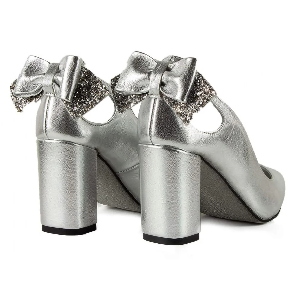 Pantofi dama din piele naturala argintie cu toc gros 7 cm 15764 - Image 3